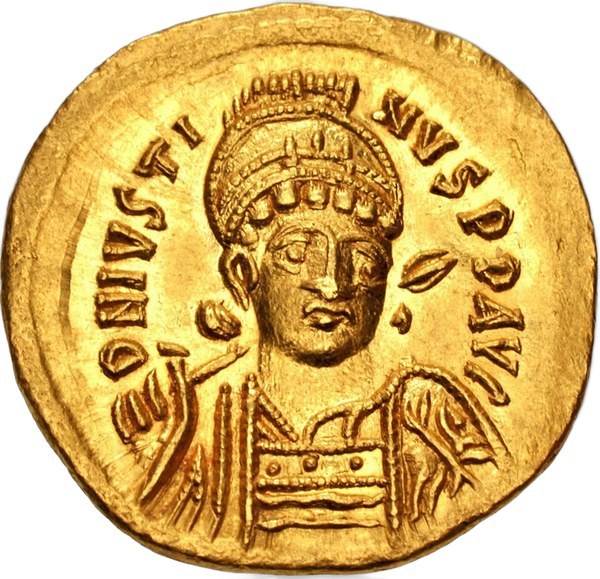 Solidus byzantského císaře Justina I., líc s poprsím