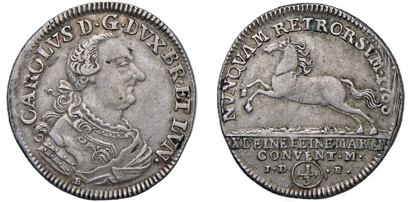 Třetinový tolar vévody Karla I. Brunšvicko-Wolfenbüttelského z roku 1768 se skákajícím koněm