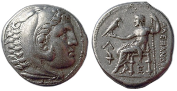 Stříbrná tetradrachma typu Alexandra III. Velikého s Hérakleem a trůnícím Diem z mincovny Amfipolis