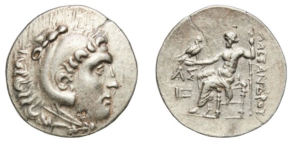 Stříbrná tetradrachma typu Alexandra III. Velikého s monogramem ΑΣ z mincovny Aspendos