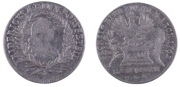 Dvacetikrejcar 1762 markraběte Fridricha z mincovny Bayreuth
