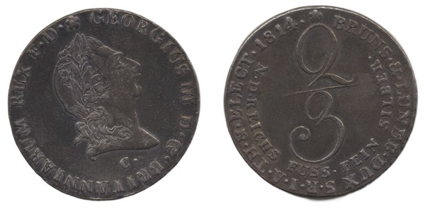 Dvoutřetinový tolar Jiřího III. z roku 1814 se značkou C mincovny Clausthal