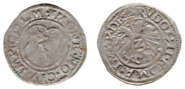 Stříbrný půlbatzen říšského města Colmar s městským znakem a titulem Rudolfa II.