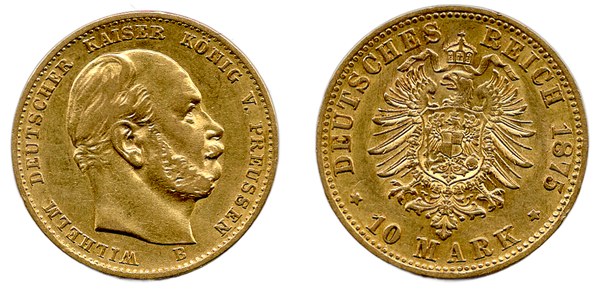 Zlatá desetimarka Viléma I. z roku 1875 se značkou B mincovny Hannover