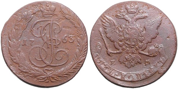Měděných 5 kopějek Kateřiny II. Veliké z roku 1763 se značkou EM jekatěrinburské mincovny