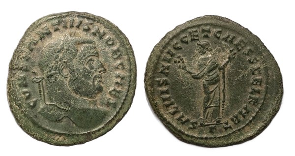 Follis Constantia I. Chlora z kartáginské mincovny s personifikací Kartága a opisem SALVIS AVGG ET CAESS FEL KART