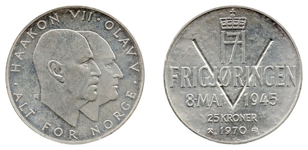 Stříbrných 25 korun 1970 k 25. výročí osvobození Norska z mincovny v Kongsbergu