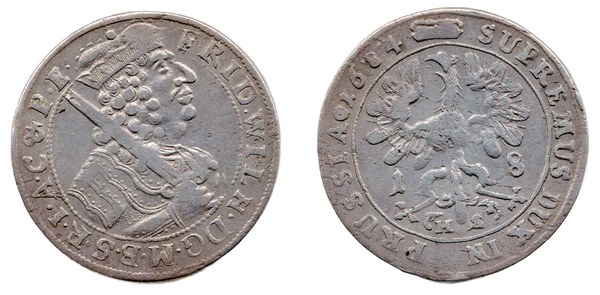 Osmnáctigroš 1684 Fridricha Viléma I. Braniborského jako svrchovaného vévody v Prusku, ražba Königsberg