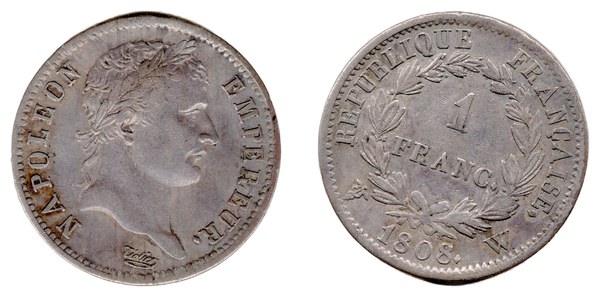Stříbrný frank Napoleona I. z roku 1808 se značkou W mincovny Lille