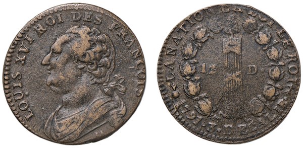 Dvanáct denierů Ludvíka XVI. z roku 1791 z mincovny v Metách