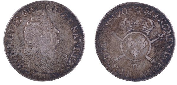 Půlécu Ludvíka XIV. z roku 1702 se značkou B mincovny Rouen