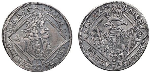 Čtvrttolar Leopolda I. z roku 1704 z korutanské mincovny St. Veit
