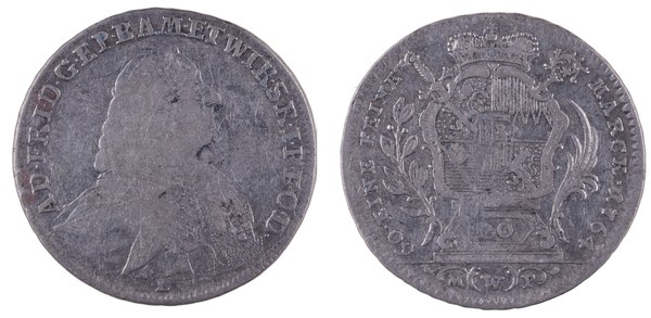 Dvacetikrejcar 1764 knížete-biskupa Adama Fridricha ze Seinsheimu z mincovny Würzburg