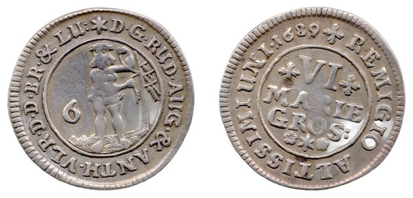 Šest mariengrošů 1689 vévodů Rudolfa Augusta a Antona Ulricha Brunšvicko-Wolfenbüttelských s divým mužem, ražba Zellerfeld