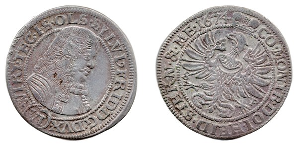 Šestikrejcar Silvia II. Fridricha Württembersko-Olešnického z roku 1674 z olešnické mincovny