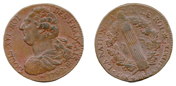Mince 2 sou Ludvíka XVI. z roku 1792 ze štrasburské mincovny