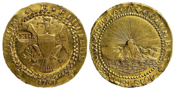 Brasherův dublon 1787 – slunce vycházející nad horami a mořem a heraldický orel se značkou EB