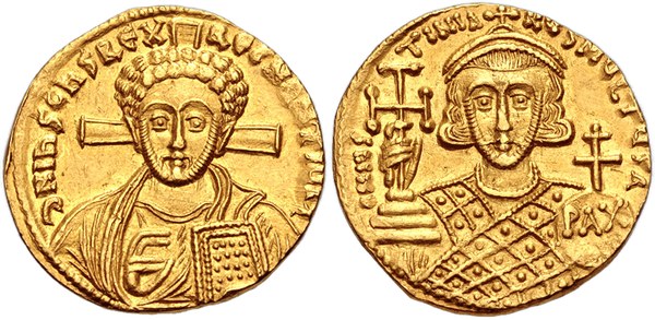 Zlatý solidus Justiniána II. z let 705–711 z konstantinopolské mincovny s bustou Krista Pantokratora a císaře