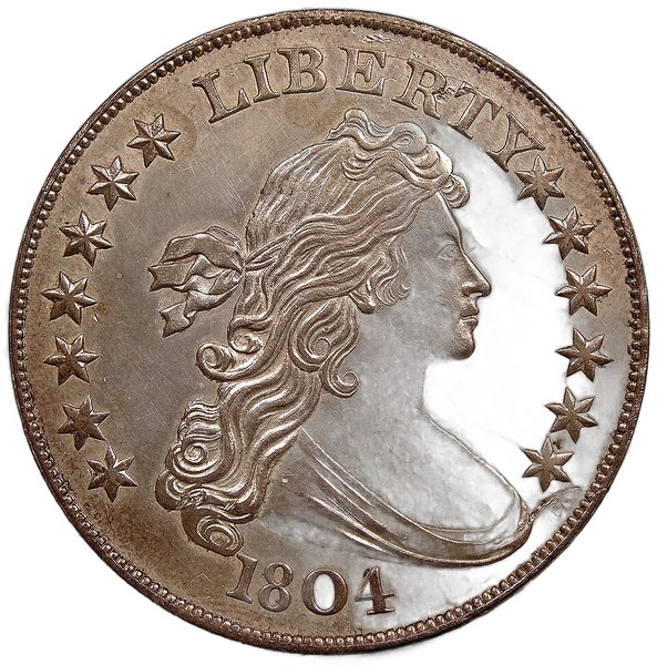 Líc dolaru 1804 třídy I – poprsí Svobody typu Draped Bust, nápis LIBERTY a letopočet 1804