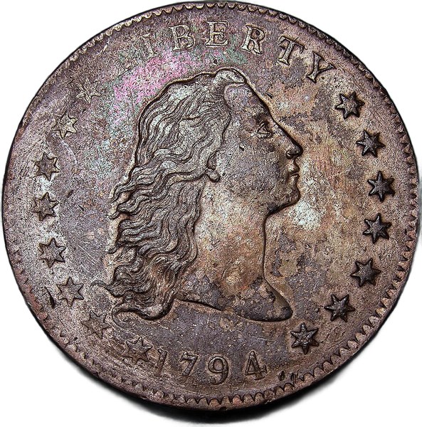 Líc stříbrného dolaru Flowing Hair 1794 – hlava Svobody s rozevlátými vlasy, nápis LIBERTY a patnáct hvězd