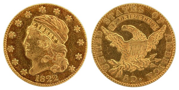 Half eagle 1822 ze sbírky Smithsonian – hlava Svobody doleva s čelenkou LIBERTY a heraldický orel s hodnotou 5 D.