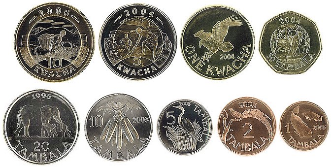 Malawské mince – 10, 5 a 1 kwacha a 50, 20, 10, 5, 2 a 1 tambala z let 1996–2006