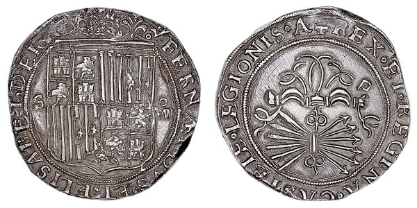 Stříbrný osmireál Katolických Veličenstev ze sevillské mincovny, líc a rub