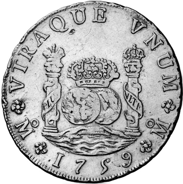Pilířový osmireál Ferdinanda VI. z mexické mincovny z roku 1759 – strana se dvěma korunovanými polokoulemi nad vlnami mezi Herkulovými sloupy