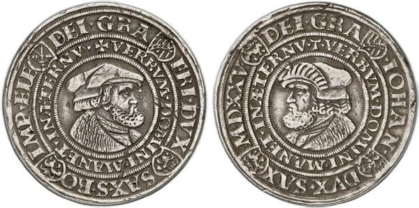 Tlustý tolar (guldengroš) saských vévodů Fridricha Moudrého a Jana, Buchholz 1525 – obě strany s poprsími vévodů