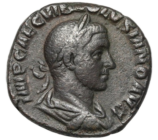 Sestercius císaře Volusiana, líc s portrétem